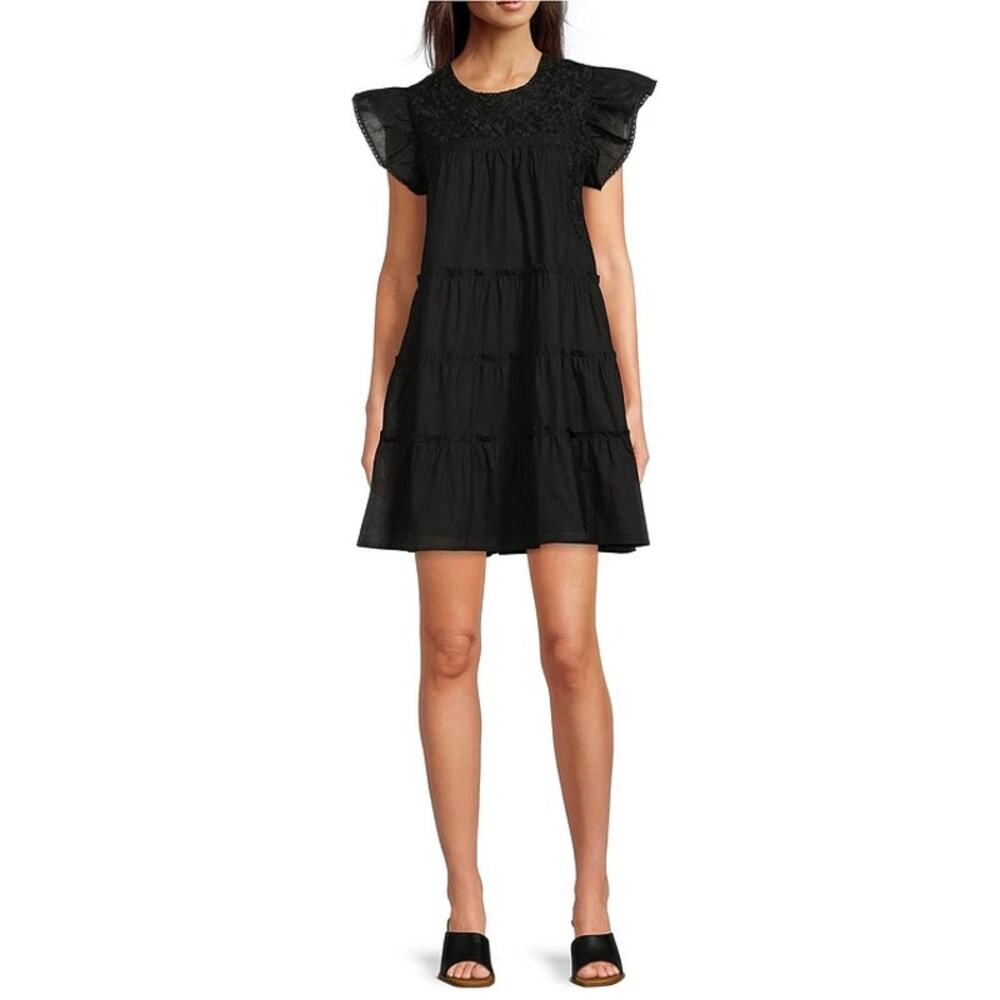 J. Marie Zara Embroidered Ruffle Cap Sleeve Tiered Mini Dress Black Medium - Picture 2 of 9